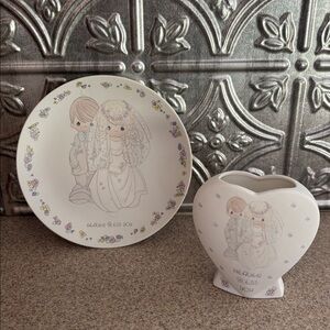 1988 Vintage Precious Moments Heart Shaped Vase and Decorative Porcelain Plate